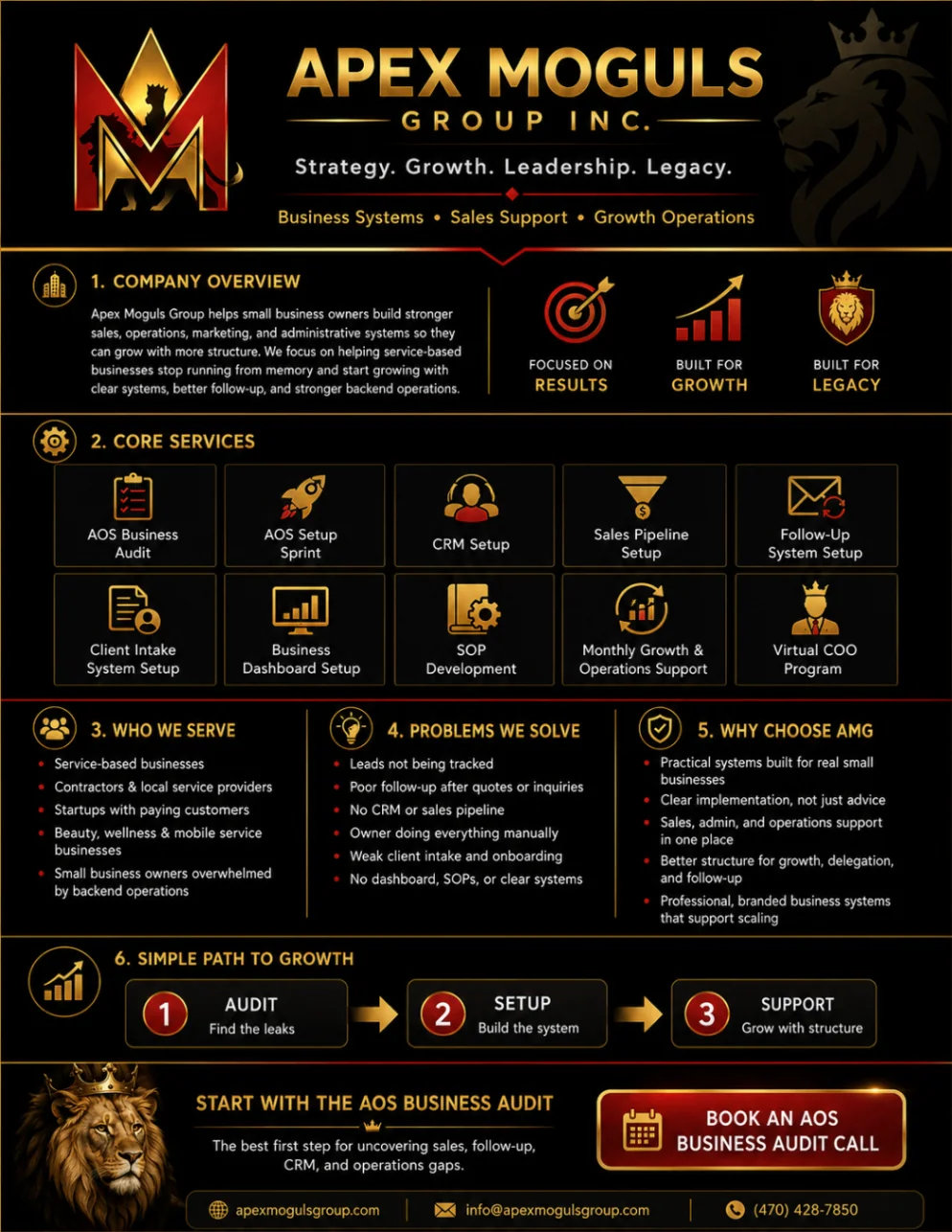 Apex Moguls Group brand board with the approved charcoal, red, gold, and warm paper palette
