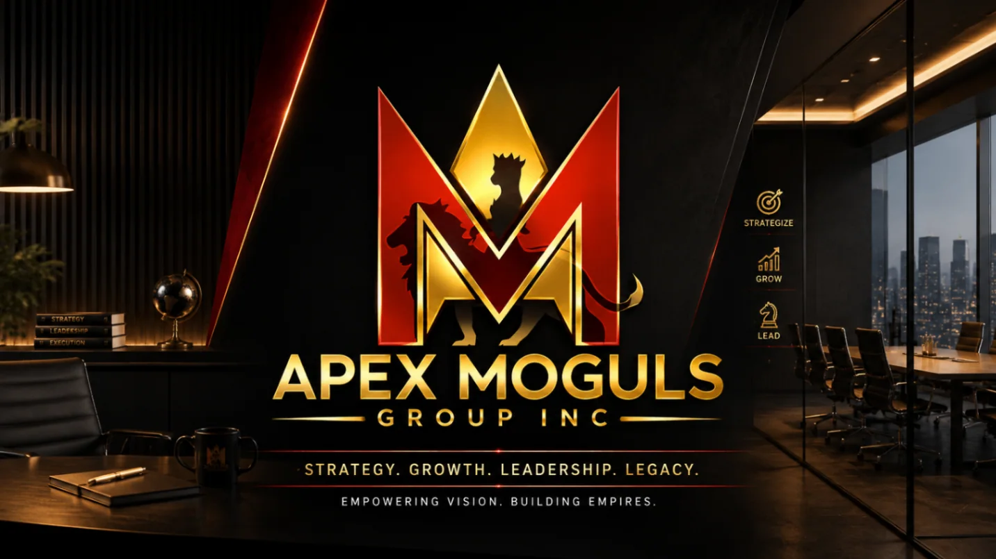 Apex Moguls Group office visual with the AMG monogram, city view, and operating principles